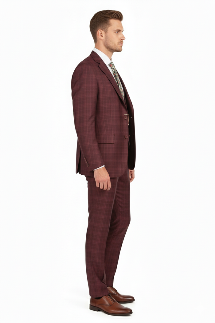 Men’s Burgundy Checkered 3-Piece Suit - Windowpane Classic Fit Plaid Blazer with Vest and Pants by Usamensoutlet