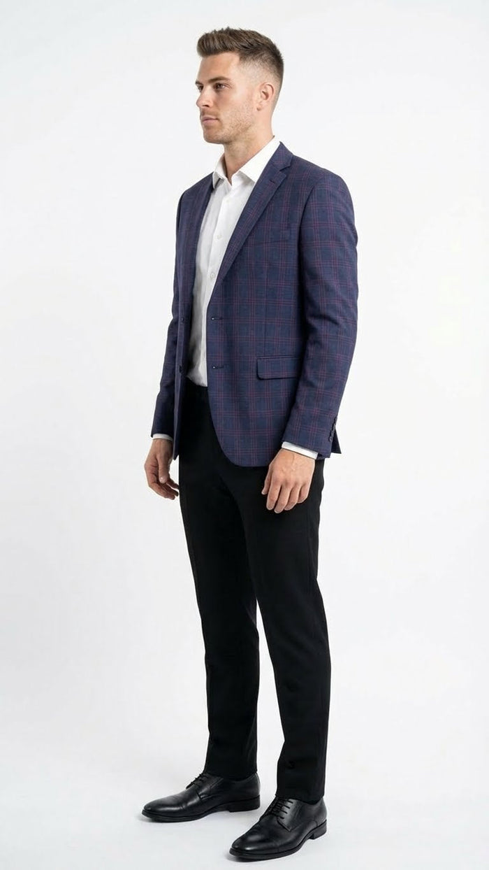 Men’s Big and Tall Navy Blue with Burgundy Plaid Jacket and Sport Coat - Wool Blazer by USA Men's Outlet