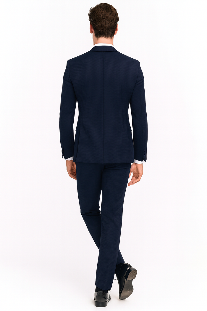 Men’s Navy Blue Tuxedo with Satin Peak Lapel With Matching Color Lapel Sateen - Formal 2 Piece Suits by USA Men's Outlet