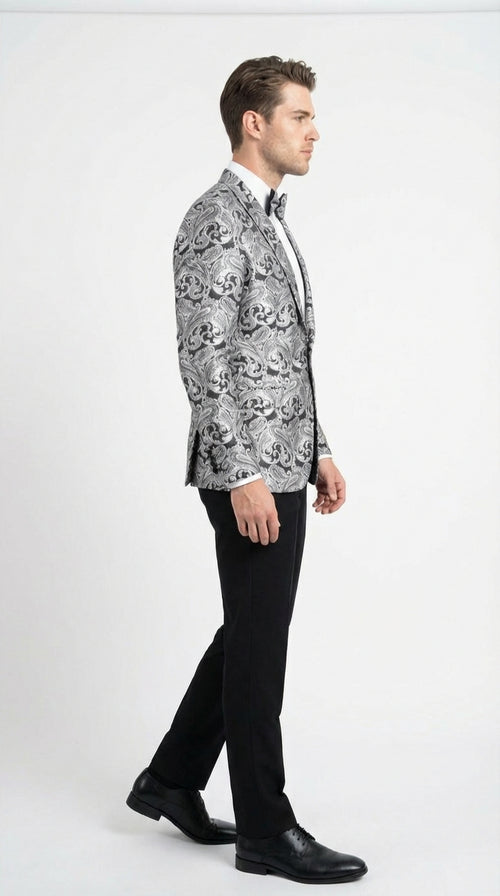 Men’s Silver and Black Paisley Prom Blazer Jacket | Printed Formal Evening Tuxedo Blazer + Free Matching Bow Tie