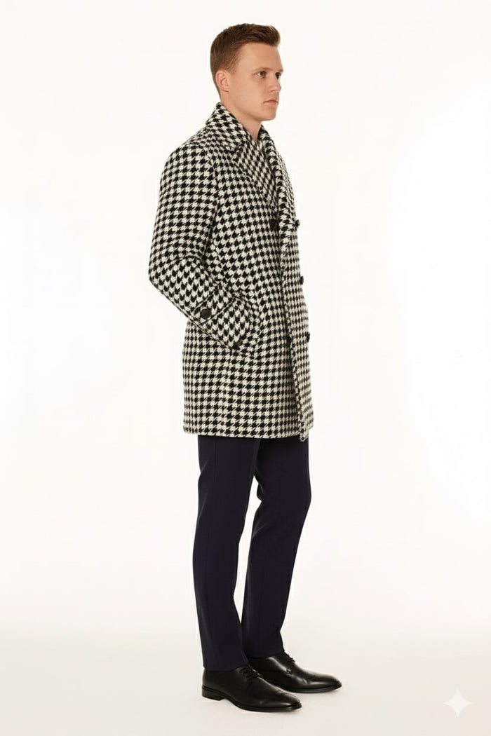 Mens Houndstooth Double-Breasted Overcoats - Classic Black and White Wool Blend Peacoat Wool Fabric by USA Men's Outlet