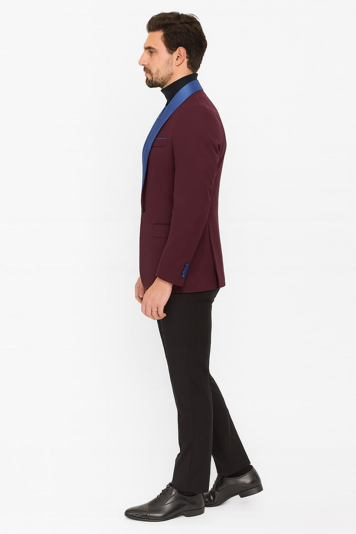 Mens Burgundy Tuxedo Dinner Jacket Blazer with Blue Satin Shawl Lapel Wedding and Party Jacket USA Men's Outlet