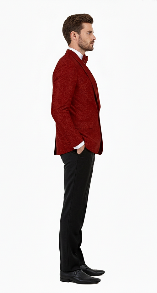 Big and Tall Men’s Burgundy Paisley Tuxedo Jacket – Satin Shawl Lapel Blazer with Bow Tie for Weddings, Proms, and Special Events