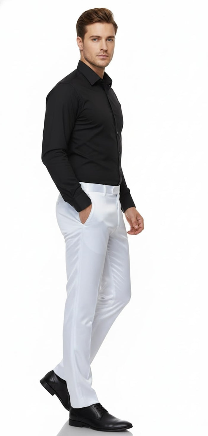 Mens White Satin Slim Fit Dress Pants - Shiny Formal Party and Wedding Trousers by USA Men's Outlet