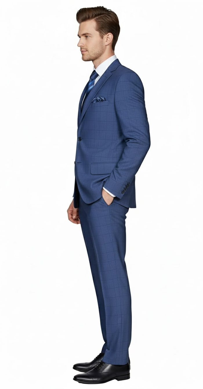 Mens Indigo Navy Blue Windowpane Check Suit - Classic 2-Piece Formal Business and Wedding Wear Set in Cobalt Blue by USA Men's Outlet