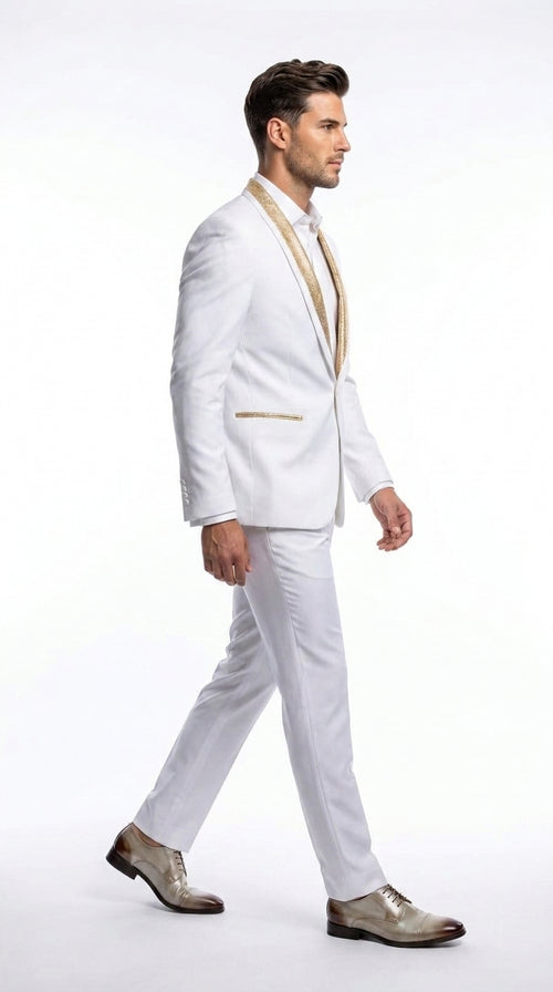 Men’s White and Gold Lapel 2-Piece Tuxedo Suit with Gold Glitter Shawl Lapel – Wedding, Prom and Dinner Jacket