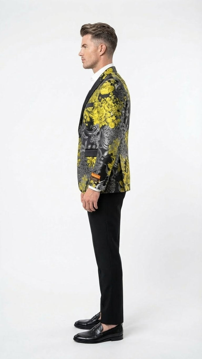 Men’s Yellow Tuxedo Black and Gold Floral Pattern Blazer - Formal Jacket - Prom Dinner Jacket + Black Pants + Bowtie by USA Men's Outlet