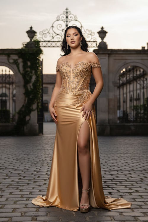 Off-Shoulder Sequin Applique Satin Evening Gown Formal Prom Dress By May Queen MQ2179