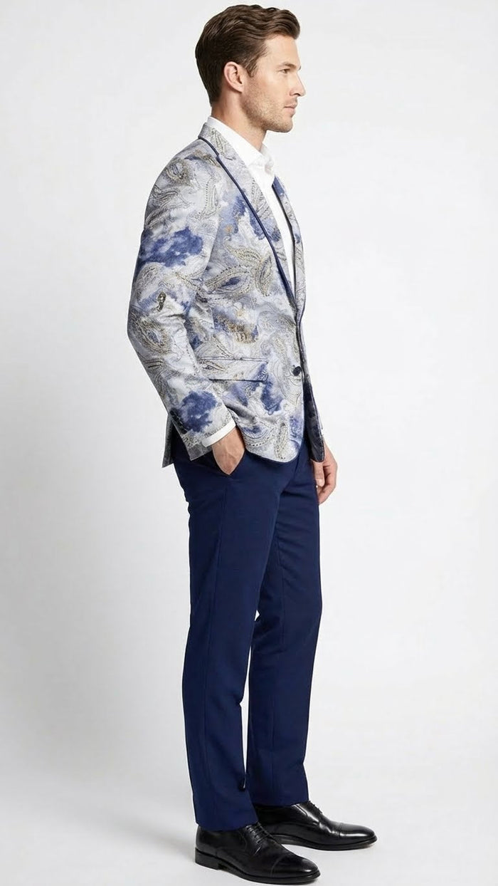 Men’s Navy Blue and Gray Paisley Print Blazer - Prom Jacket for Formal, Party, and Evening Wear by USA Men's Outlet