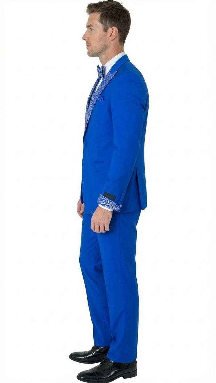 Men’s Bright Royal Blue and White lapel Embellished Tuxedo Suit - 3-Piece Formal Wedding, Prom, and Gala Outfit by USA Men's Outlet