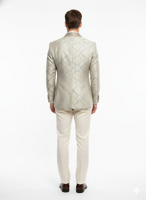 Men’s Champaign Silver and Cream Embroidered Luxury Blazer - Floral Pattern Wedding & Party Dinner Jacket in Light Tan Color by USA Men's Outlet