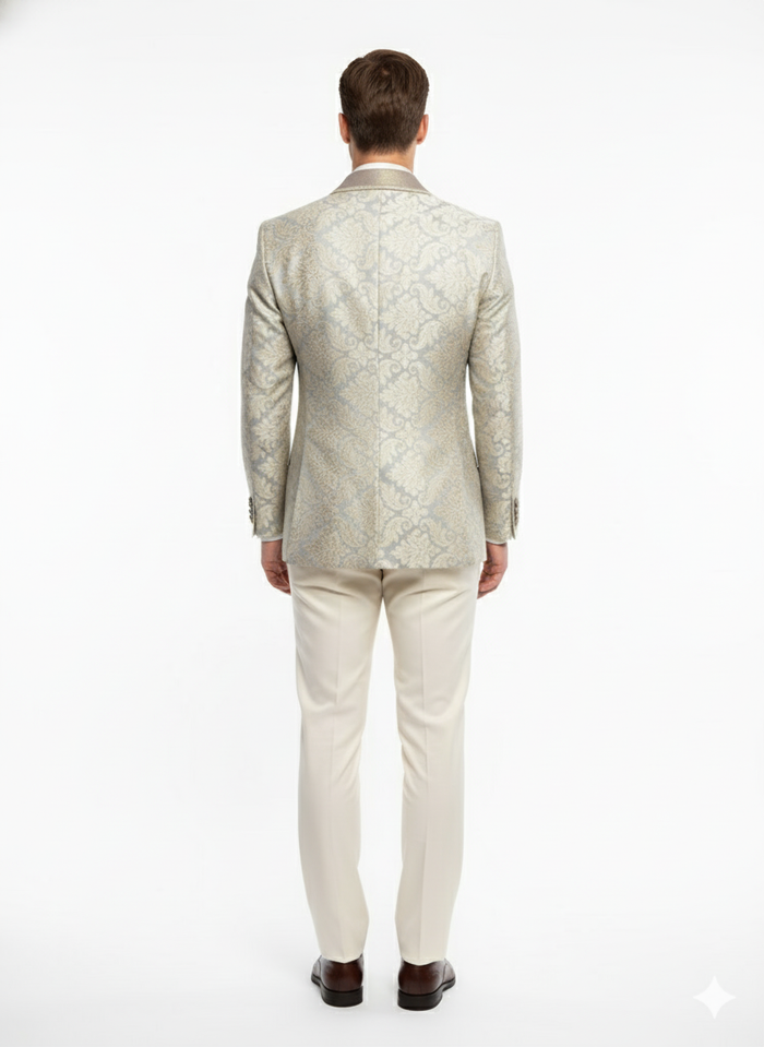 Men’s Champaign Silver and Cream Embroidered Luxury Blazer - Floral Pattern Wedding & Party Dinner Jacket in Light Tan Color by USA Men's Outlet