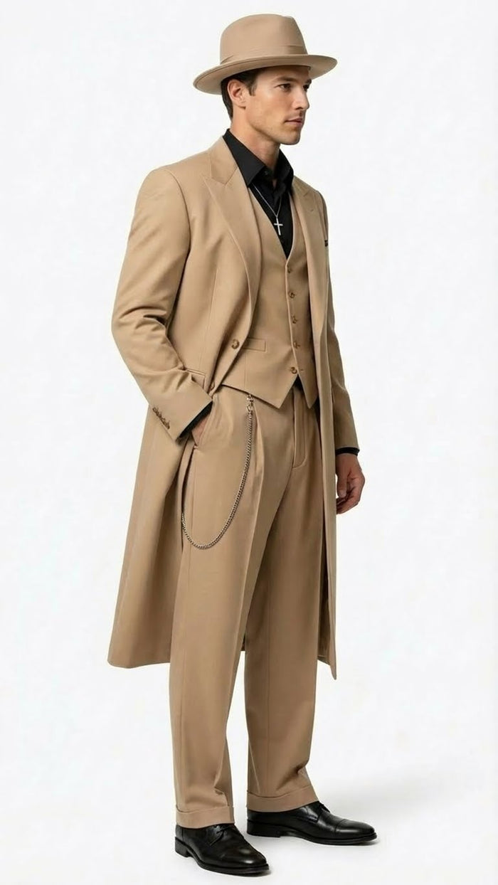 Men’s 1920s Beige Zoot Suit - Long Mafia Gangster Three-Piece Suit in Tan Khaki Color 40 inch Zuit Pachuco Suit by USA Men's Outlet