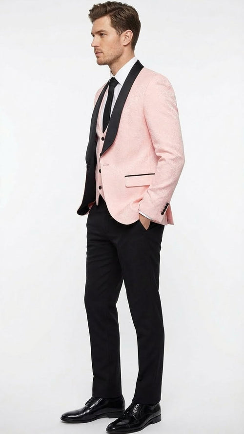 Men’s Blush Pink Tuxedo Suit Set with Black Shawl Lapel - 3 Piece Formal Wedding and Party Prom Vest + Black Pants by USA Men's Outlet