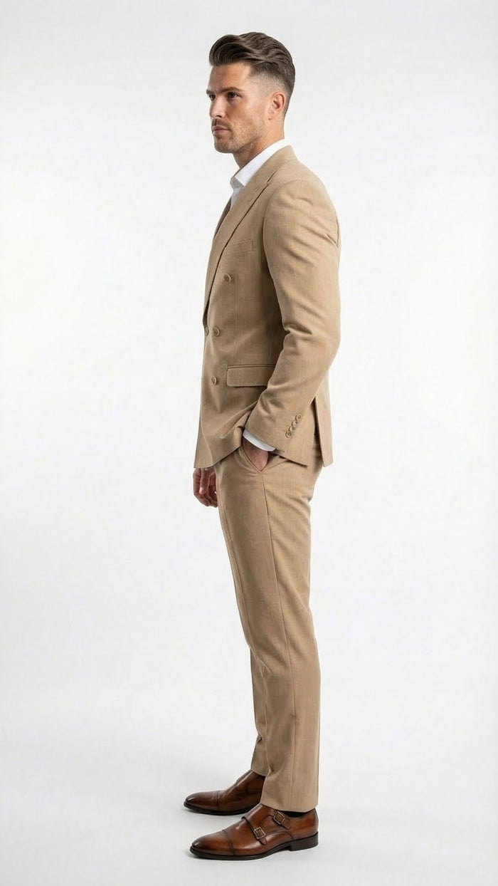 Vitali Brand Men’s Beige Double Breasted Suit - Classic Wedding, Prom & Party Wear Formal Outfit Khaki Camel Color USA Men's Outlet