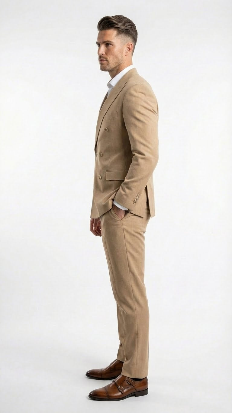 Vitali Brand Men’s Beige Double Breasted Suit - Classic Wedding, Prom & Party Wear Formal Outfit Khaki Camel Color USA Men's Outlet