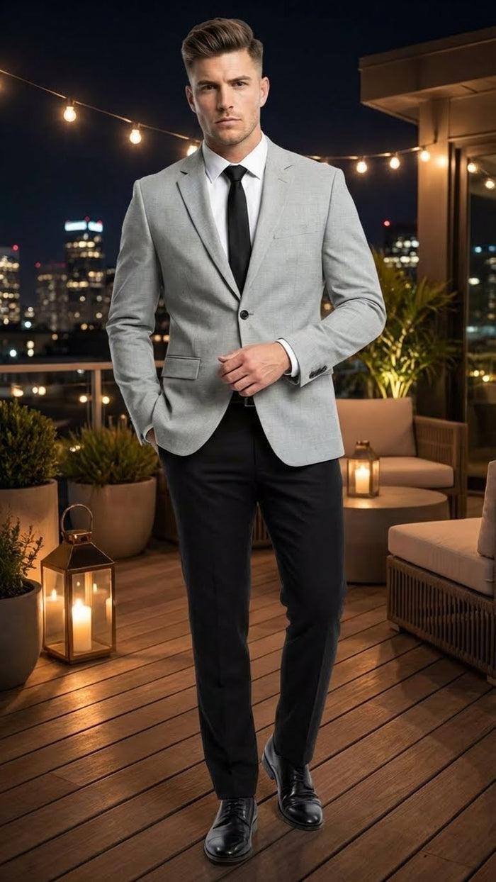 Men’s Light Grey Slim Fit Blazer Sport Coat with Black Pants - Premium Formal and Smart Casual Outfit by USA Men's Outlet