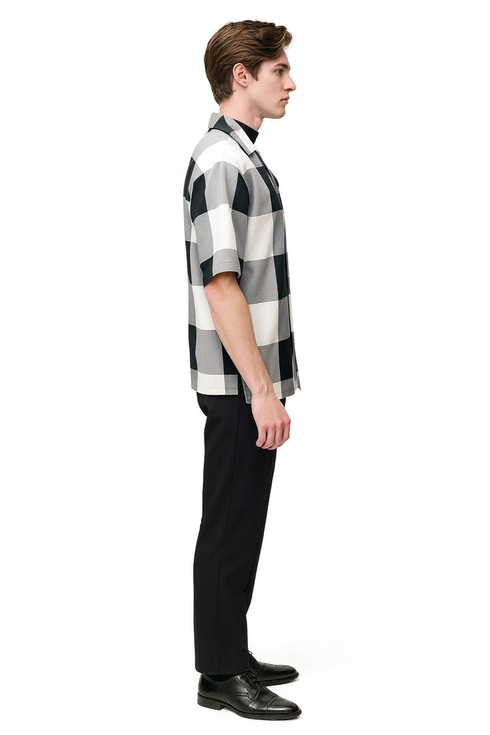 Mens Black and White Checkered Short Sleeve Shirt Set - Casual Two-Piece Summer Outfit by USA Men's Outlet