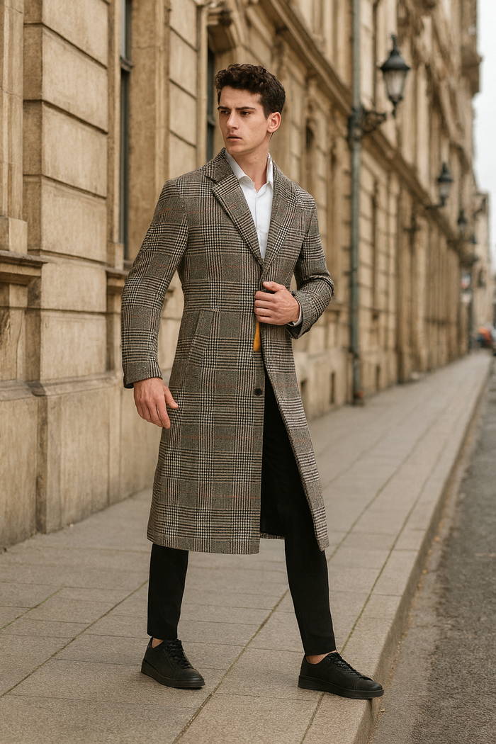 Men’s Full length Long Plaid Overcoat - Classic Checkered Wool Blend Winter Coat in Gray Color Checkered by USA Men's Outlet