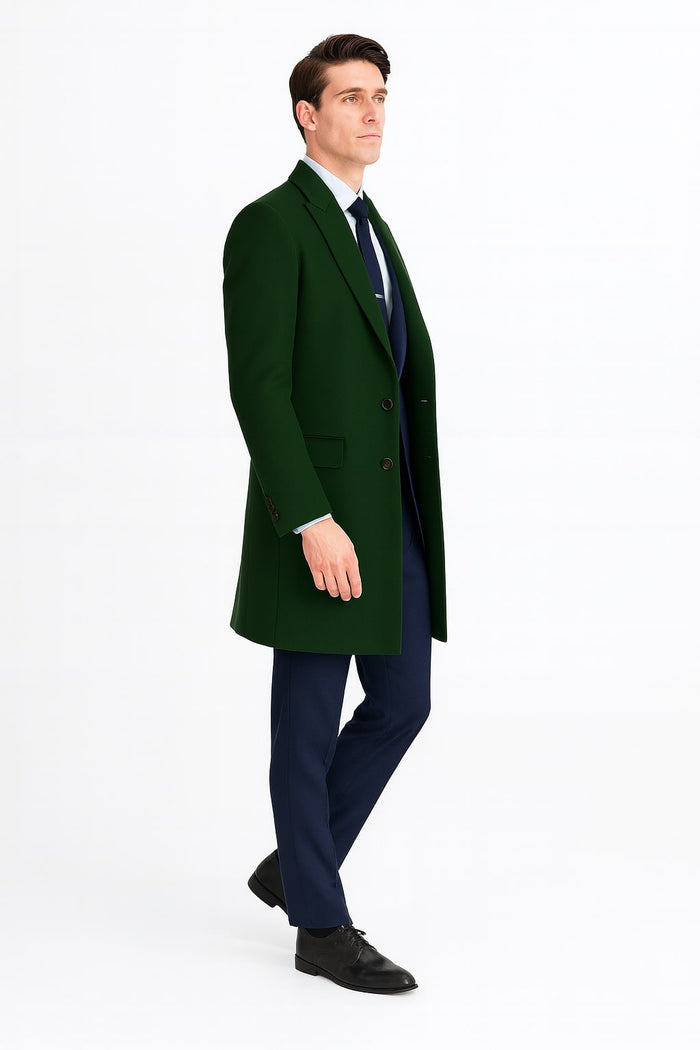Mens Dark Green Wool Overcoat - Classic Long Coat for Formal and Casual Style by USA Men's Outlet