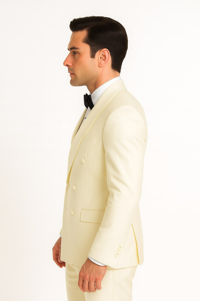 Mens Off-White Double Breasted Tuxedo Jacket with Shawl Lapel - Formal Wedding Suit in Ivory Cream Color by USA Men's Outlet