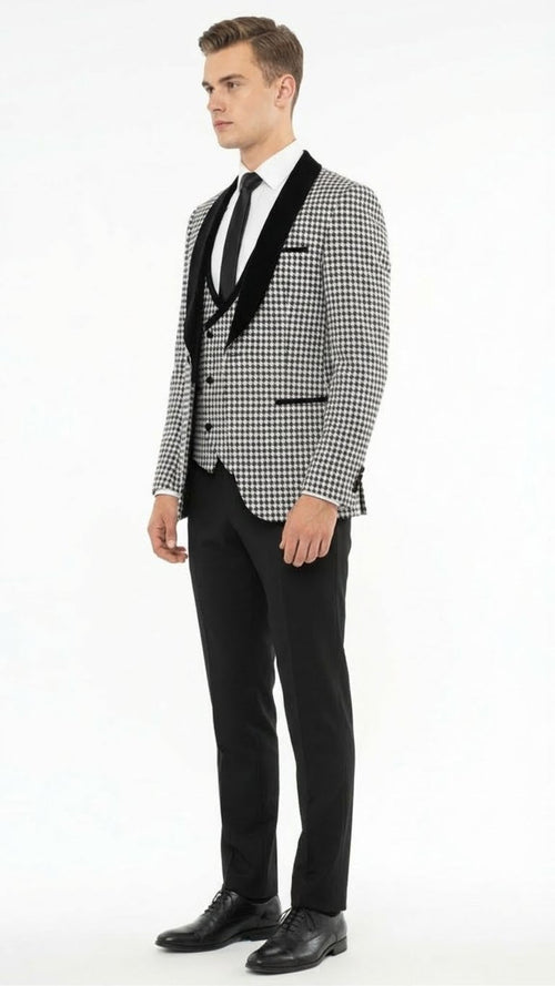 Men’s Black and White Houndstooth Tuxedo Set with Velvet Shawl Lapel - 3-Piece Formal Suit with Double-Breasted Vest by USA Men's Outlet
