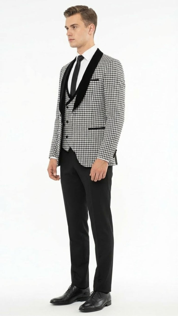 Men’s Black and White Houndstooth Tuxedo Set with Velvet Shawl Lapel - 3-Piece Formal Suit with Double-Breasted Vest by USA Men's Outlet