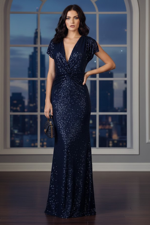 Sequin Formal Gown Shimmering Long V-Neck Evening Dress & Plus Size