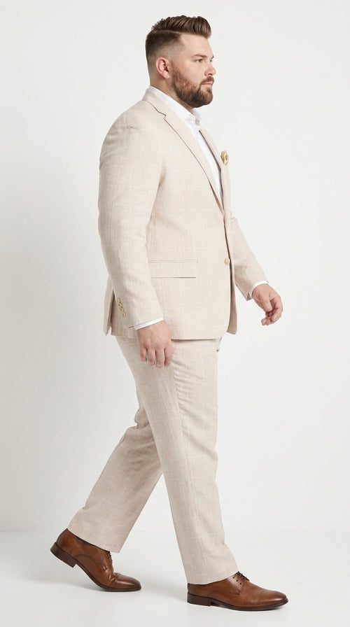 Men’s Big and Tall Beige Linen Suit – Summer Wedding and Formal 2-Piece Suit