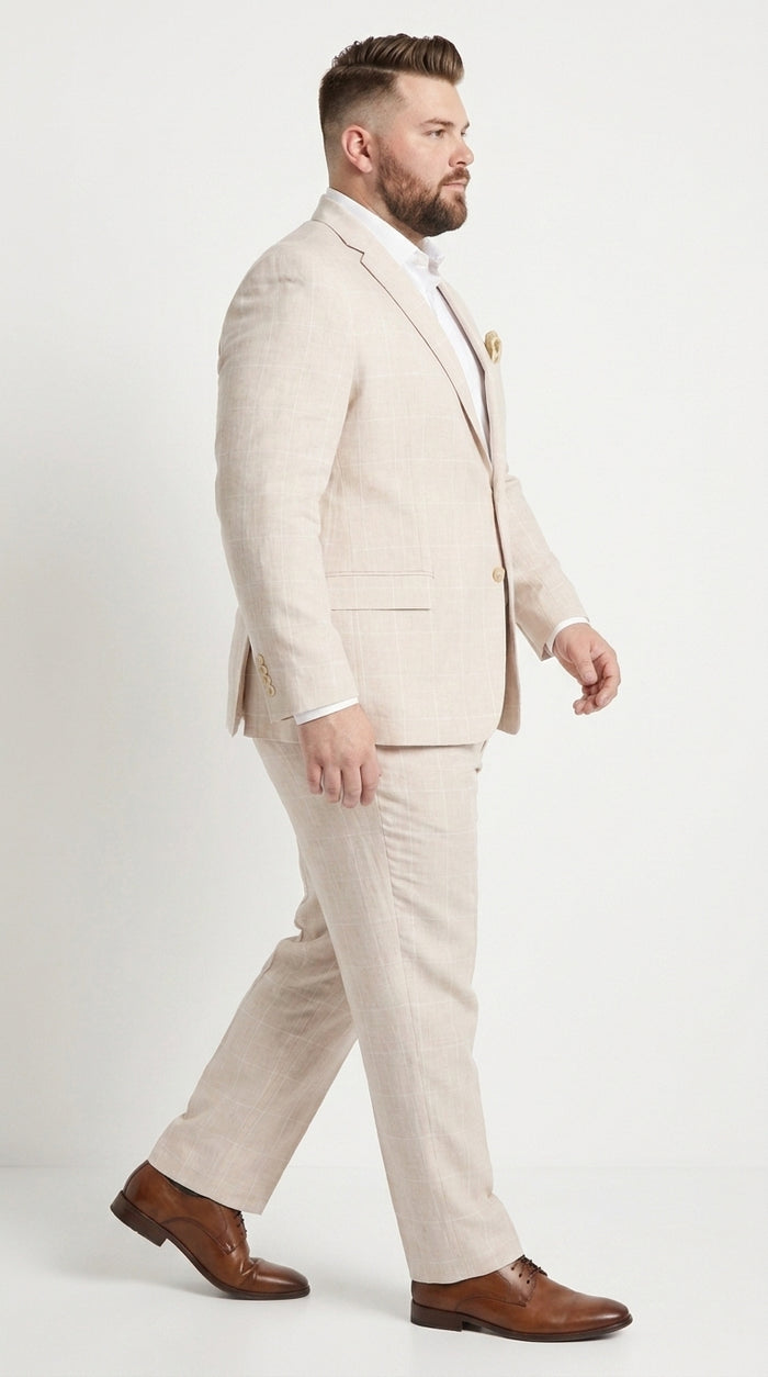 Men’s Big and Tall Beige Linen Suit – Summer Wedding and Formal 2-Piece Suit