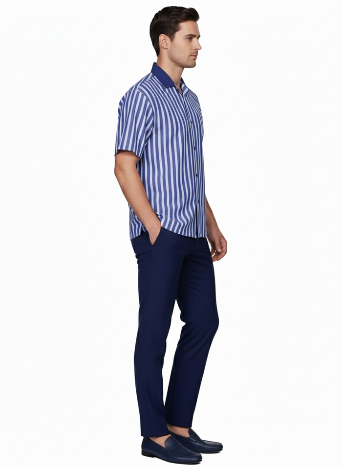 Men’s Blue and White Vertical Stripe Short Sleeve Shirt Set - Casual Summer Two-Piece Outfit by USA Men's Outlet