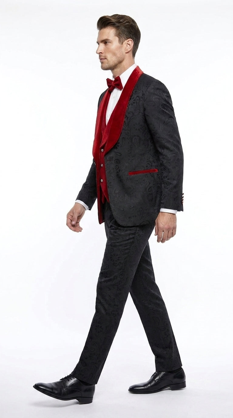 Men’s Black Paisley Tuxedo with Red Velvet Shawl Lapel – 3 Piece Wedding Prom Suit With Matching Bowtie