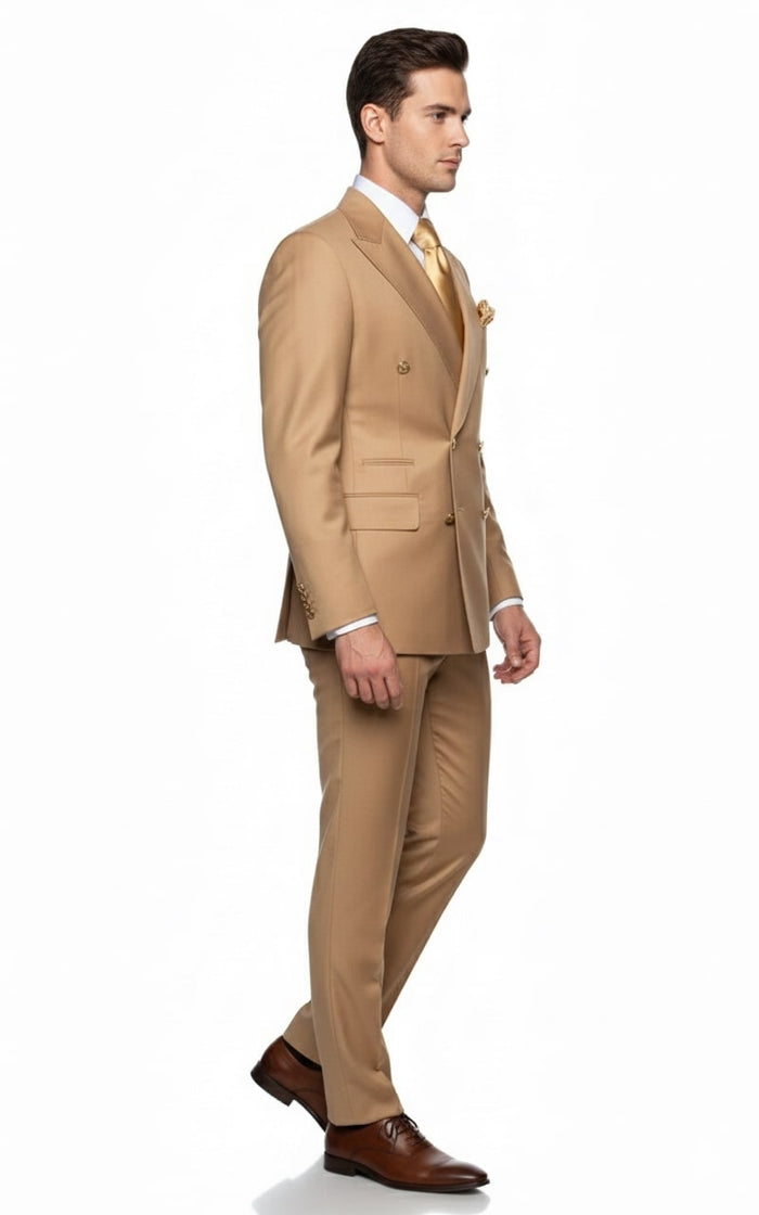 Mens Camel - Bronze - Goldish khaki Double-Breasted Suit - Luxury 2-Piece Formal Set with Gold Buttons and Peak Lapels by Rossi Man USA Men's Outlet