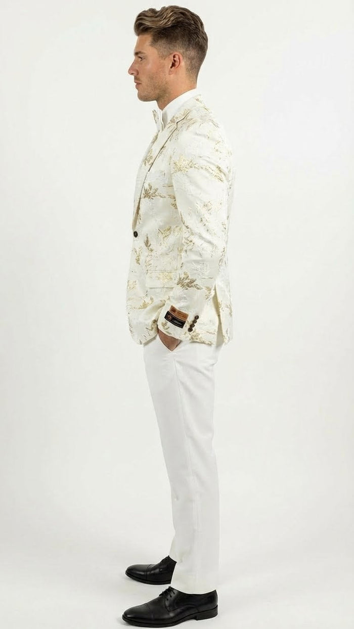 Men’s White and Gold Patterned Blazer - Paisley Floral Pattern Prom Wedding Suit Tuxedo Dinner Jacket + Bowtie by USA Men's Outlet