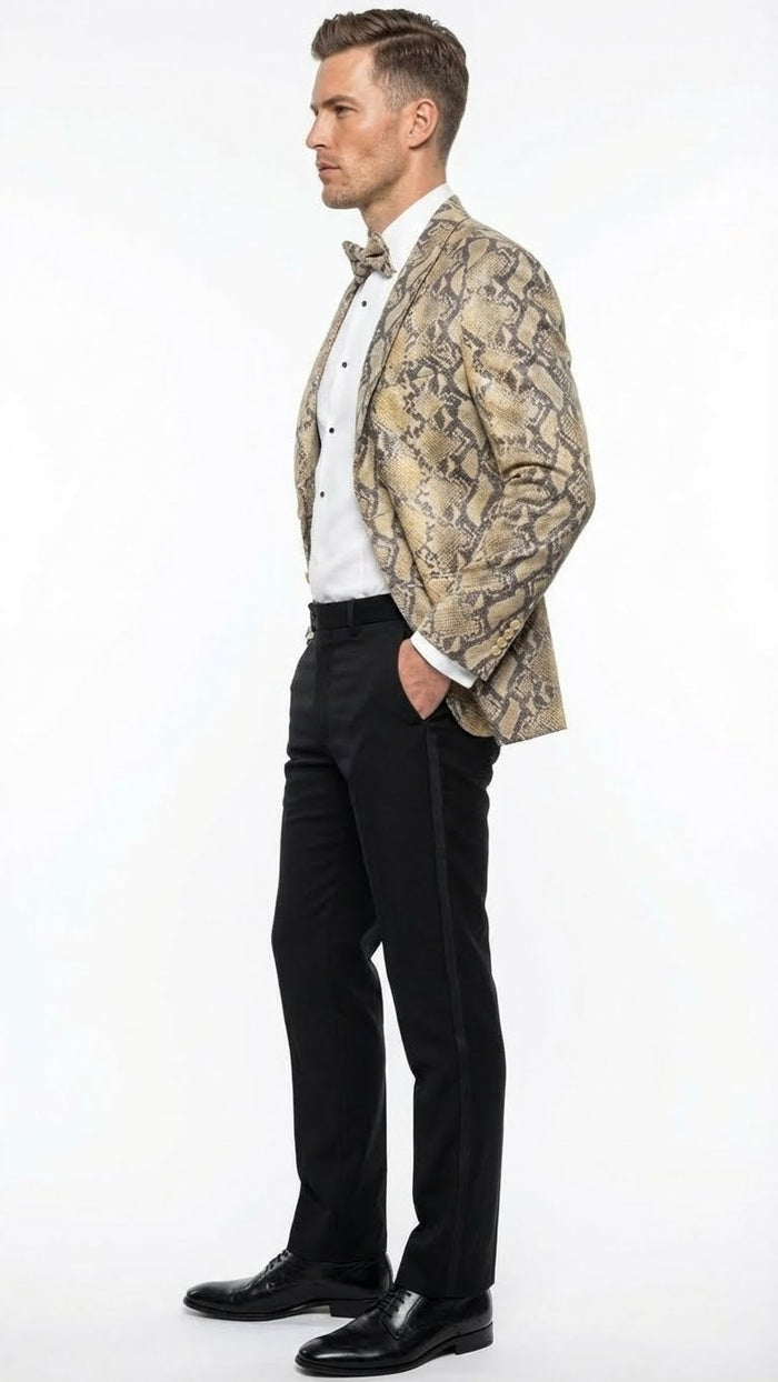 Men’s Beige and Black Snakeskin Print Blazer - Alligator Crocodile Exotic Sking Sport Coat Jacket in Tan Camel Color USA Men's Outlet