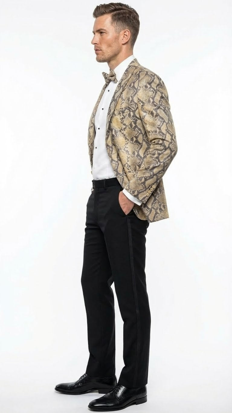 Men’s Beige and Black Snakeskin Print Blazer - Alligator Crocodile Exotic Sking Sport Coat Jacket in Tan Camel Color USA Men's Outlet