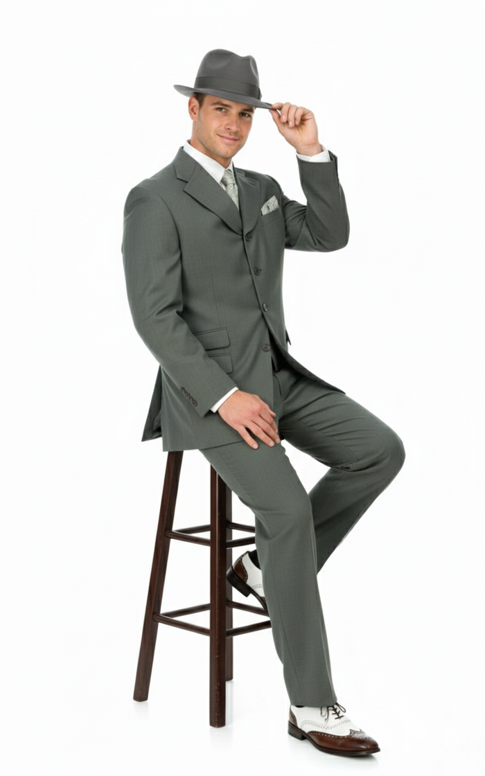 Men’s 1920s Gray Zoot Suit - 4 Buttons Gangster Wide Lapel Long Jacket 3-Piece Suit in Grey Color Classic Fit Pleated Pants USA Men's Outlet