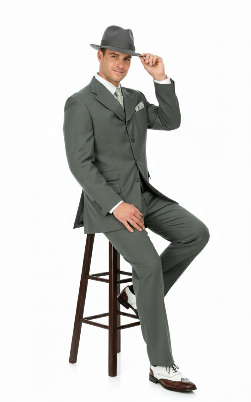 Men’s 1920s Gray Zoot Suit - 4 Buttons Gangster Wide Lapel Long Jacket 3-Piece Suit in Grey Color Classic Fit Pleated Pants USA Men's Outlet