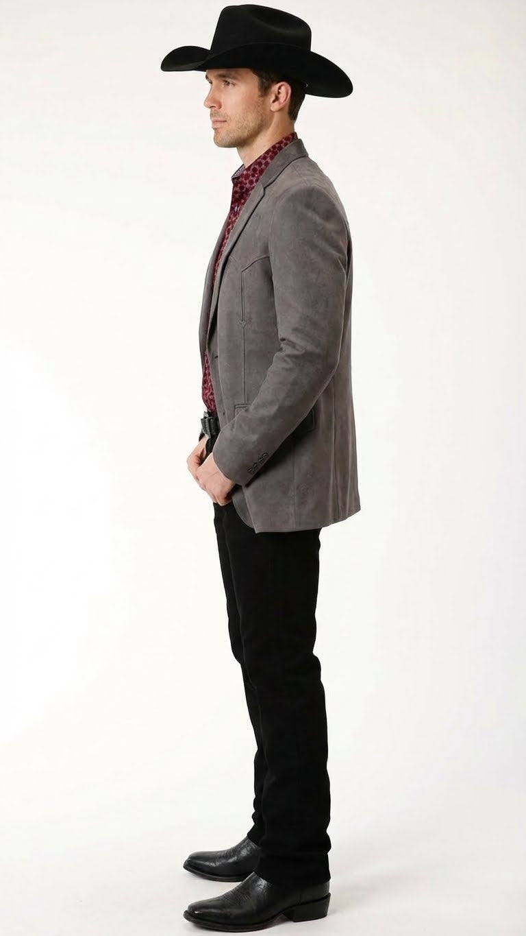 Saco Vaquero Men’s Charcoal Gray Western Faux Suede Blazer – Double Button Cowboy Jacket for Wedding & Party Wear