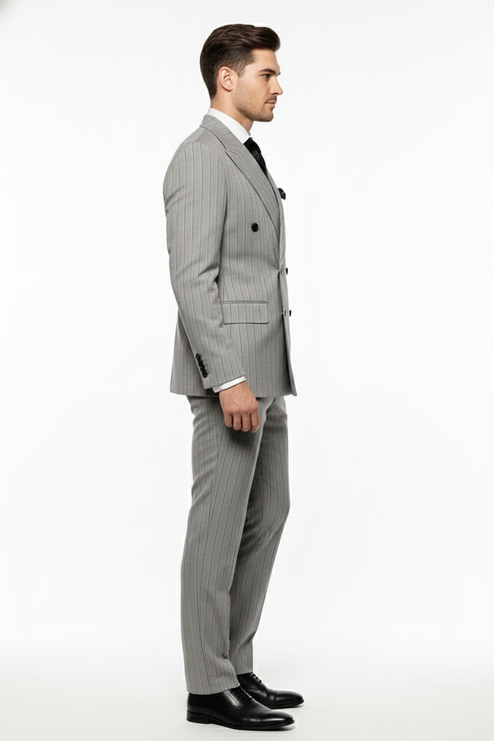 Men’s Grey and Black Pinstripe Double-Breasted Suit - 1920s Gangster Vintage Looking suit By Rossiman USA Men's Outlet