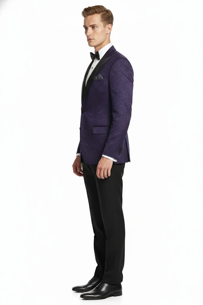 Men’s Purple Paisley Tuxedo Jacket - Ultra Slim Fit Dinner Blazer with Black Satin Peak Lapel by USA Men's Outlet