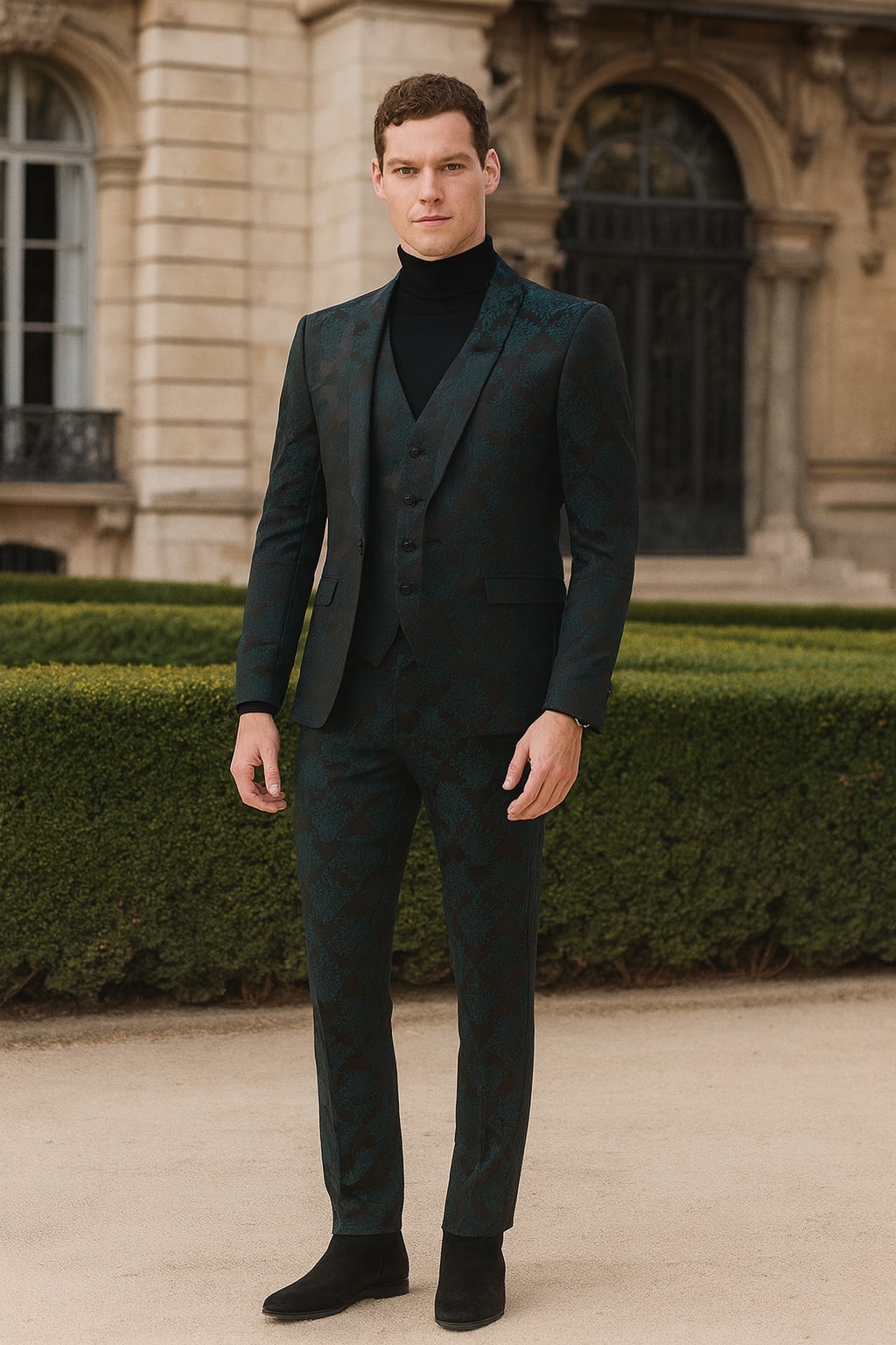 Men’s Emerald Green Floral Jacquard 3-Piece Tuxedo Suits – Slim Fit Formal Set with Blazer, Vest, and Pants Paisley Fabric - Ultra slim fitted