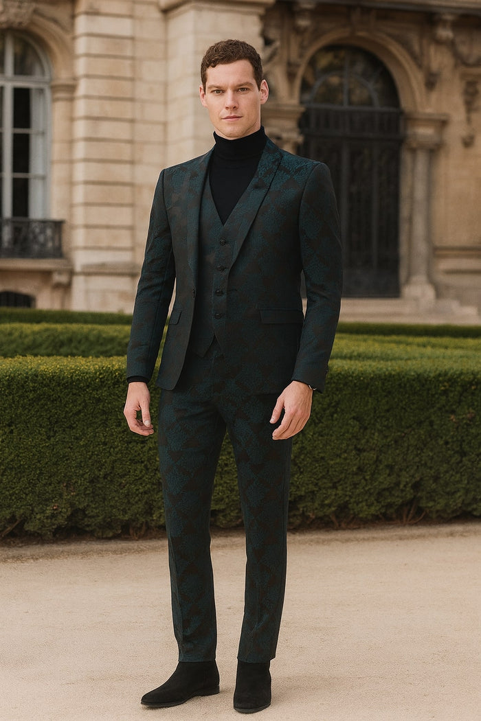 Men’s Emerald Green Floral Jacquard 3-Piece Tuxedo Suit - Slim Fit Formal Set with Blazer, Vest, and Pants Paisley Fabric - Ultra slim fitted by USA Men's Outlet