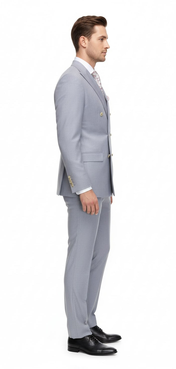 Mens Silver Grey Double-Breasted 3-Piece Suit - Classic Tailored Fit with Peak Lapel and Gold Buttons for Weddings, Church and Formal Events by USA Men's Outlet