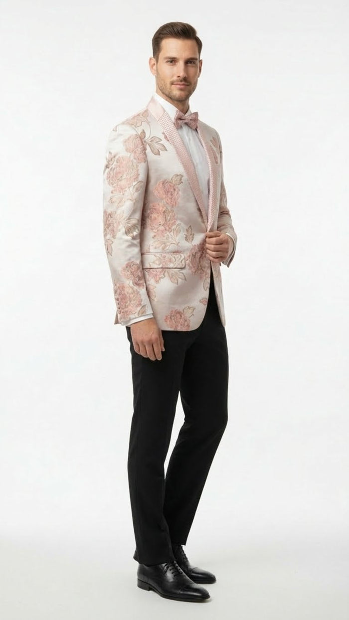 Men’s Pink Blush Floral Jacquard Blazer with Embellished Shawl Lapel - Luxury Party and Wedding Wear Jacket by USA Men's Outlet