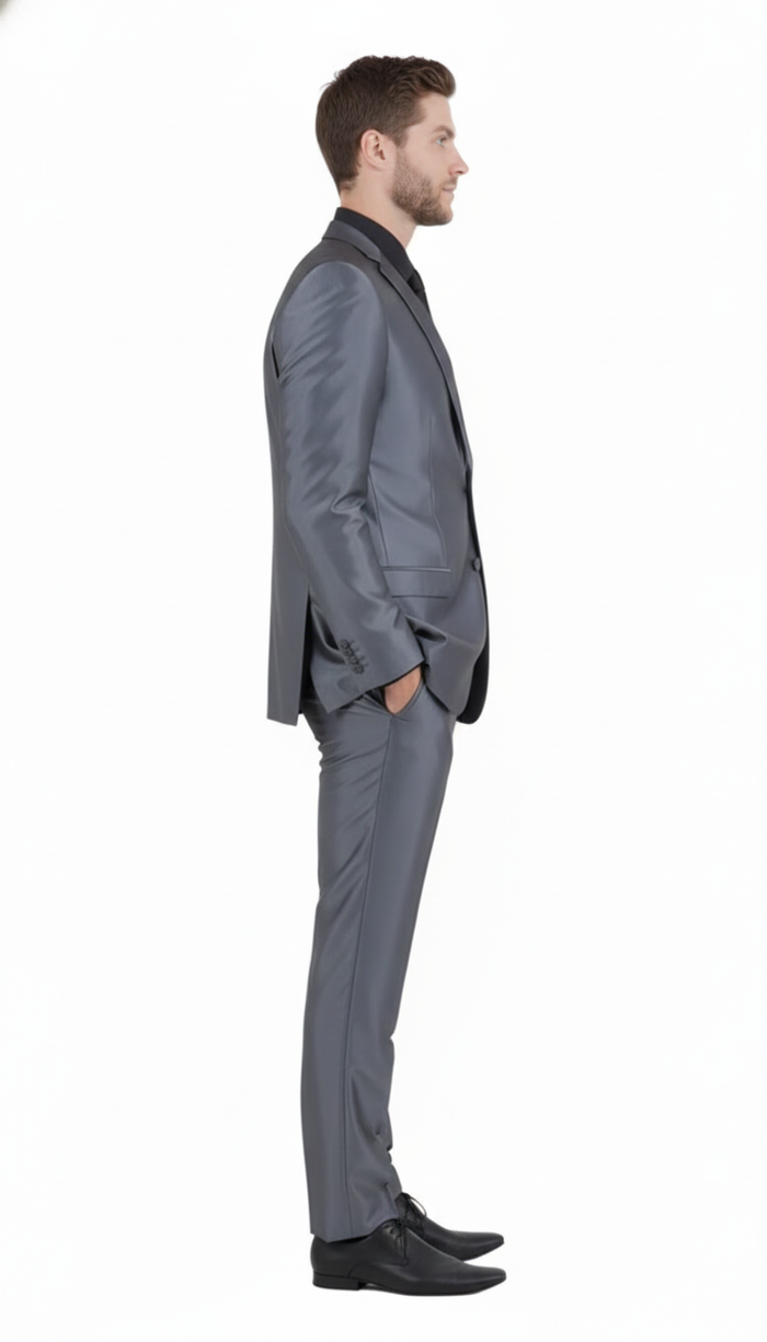 Men’s Dark Grey Shiny Two-Piece Suit - Slim Fitted Formal Jacket and Tailored Pants - Sateen Metalic in Charcoal Gray Color - USA Men's Outlet