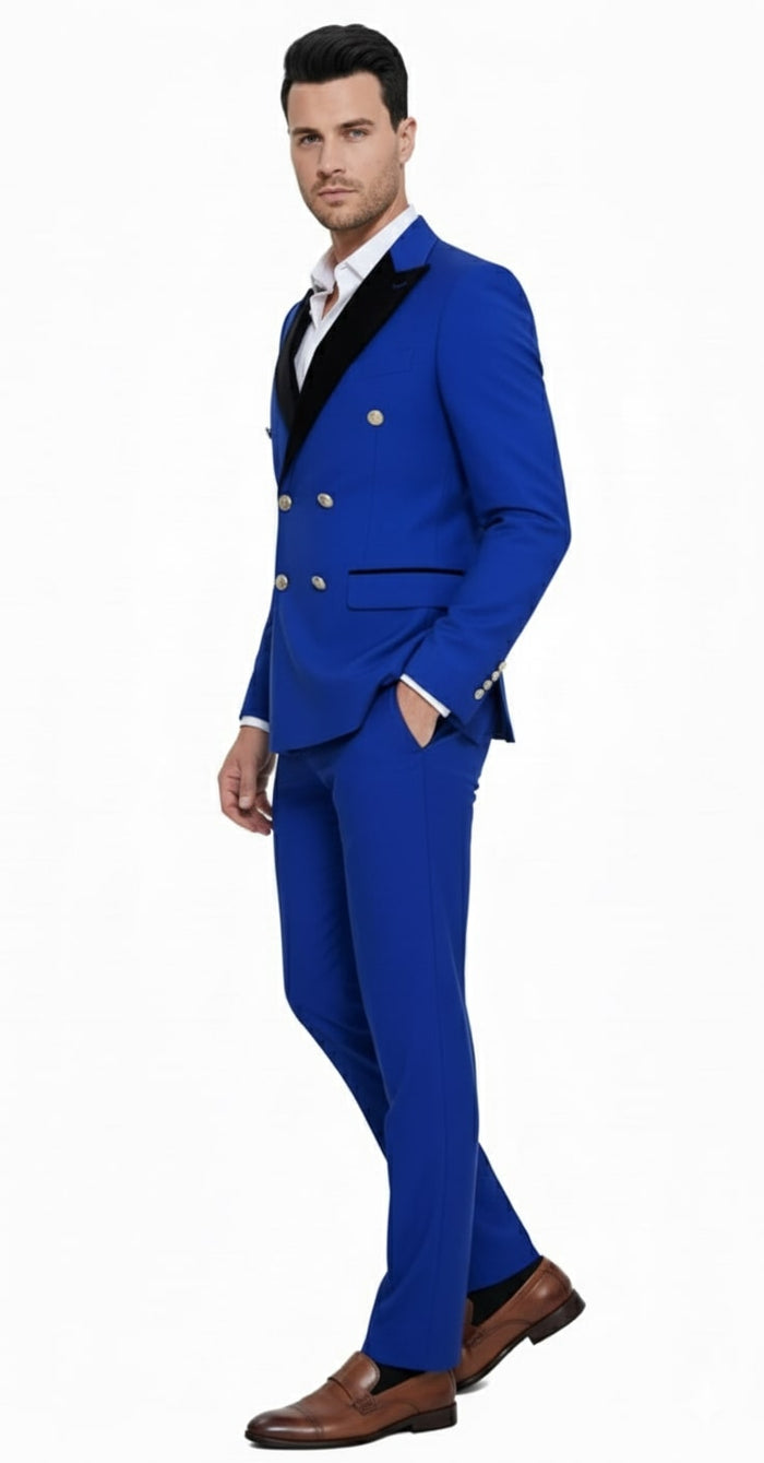 Mens Royal Blue Double-Breasted Tuxedo Suit - Modern Slim Fit Formal Wedding and Prom Outfit with Black Satin Lapel by USA Men's Outlet