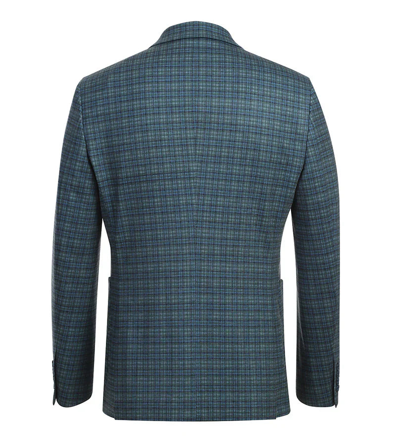 Half Canvas Slim Fit Blazer in Green Blue Check by Pellagio