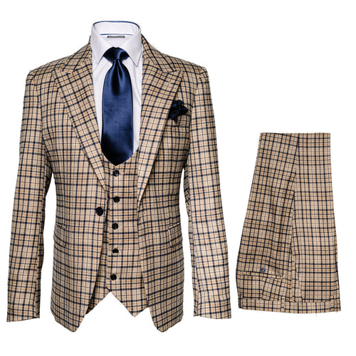 Mens Plaid Windowpane Business Suit - Tan