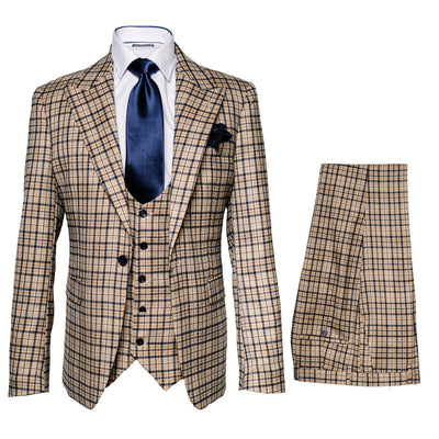 Mens Plaid Windowpane Business Suit - Tan